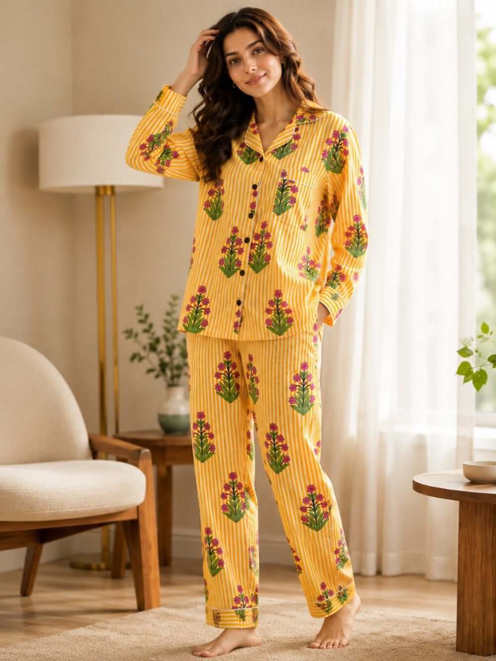 Hand Block Print Cotton Pajama Set: Floral Jaipuri Loungewear